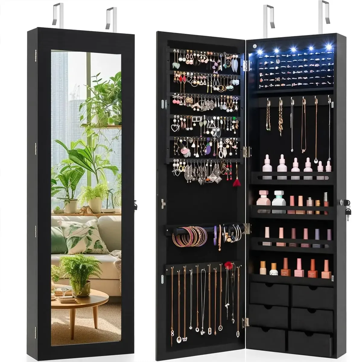 Wall Door Mounted Jewelry Cabinet with Full Length Mirror, Lockable Over Door Jewelry Armoire with LED Lights, 47.5