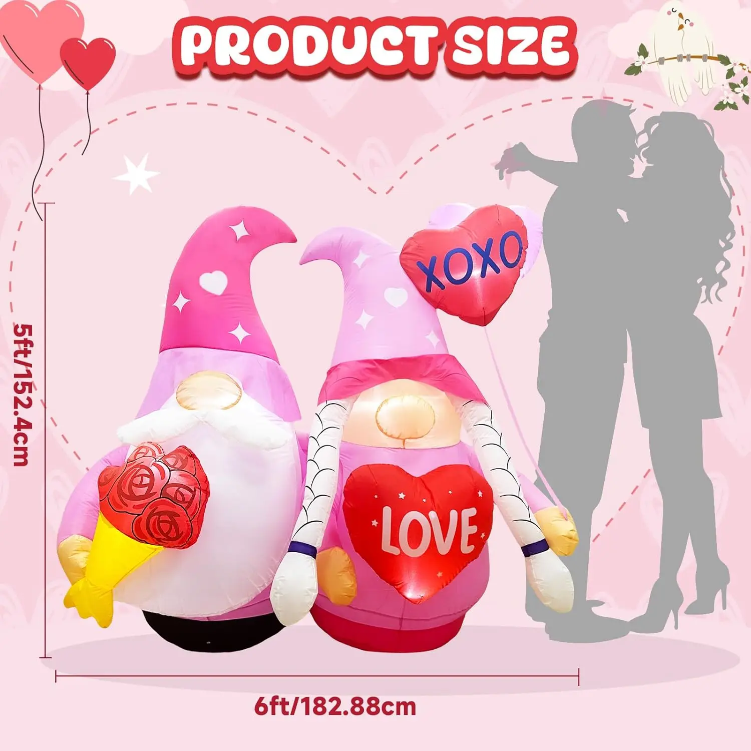 6 FT Valentines Inflatables Outdoor Decorations Gnomes Couple with LED Light Blow Up Yard Decorations Romantic Lovers Party Toy