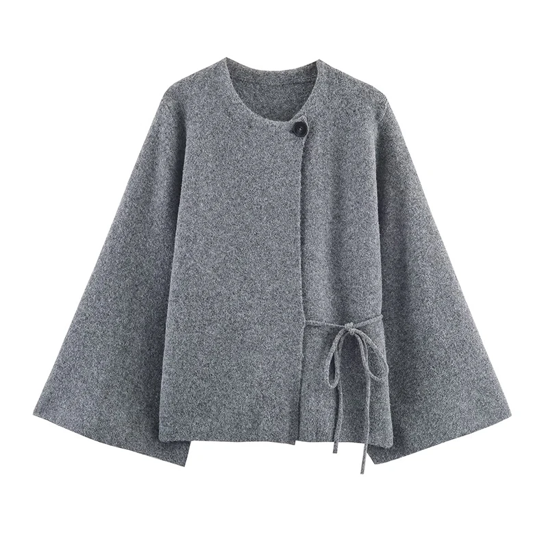 

YENKYE Spring Autumn Women Front Button And Tie Gray Knit Kimono-style Coat Wide Sleeve With Slits O Neck Chic Elegant Outerwear