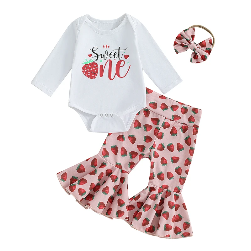 

Baby Girls Fall Outfits Strawberry Print Long Sleeves Romper and Elastic Flared Pants Headband Set 3 Piece Clothes