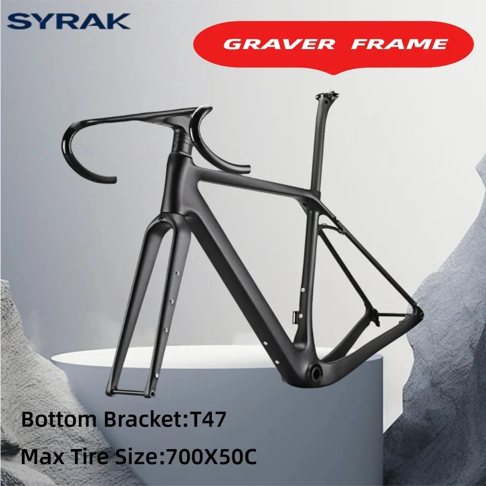 

SYRAK Carbon Bicycle Frame Thru Axle Flat Mount Gravel Frame And Fork T47 Frameset 700X50C Max Tire Gravel Bicycle Frame