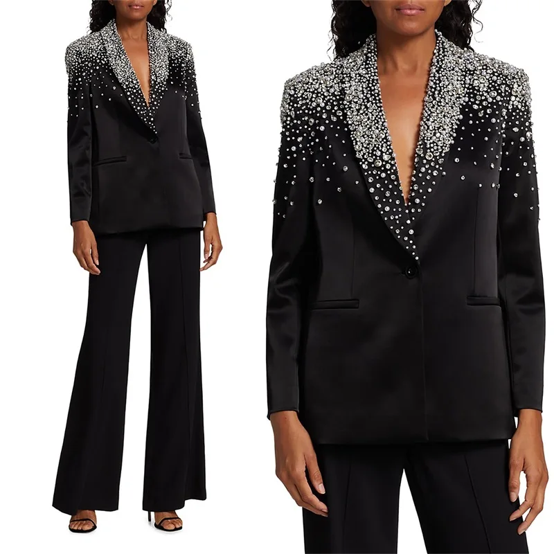 Traje negro de cristal de lujo para mujer, conjunto de pantalón, Blazer + pantalón, esmoquin de boda, un botón, vestido Formal para madre, invitados, graduación, hecho a medida