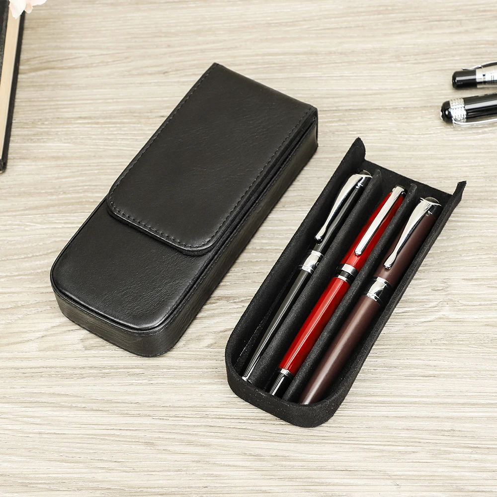 Genuine Leather Luxury 3 Slots Fountain Pen Case Magnetic Closure Pen Storage Pouch Bag Business Office Unisex School Stationery