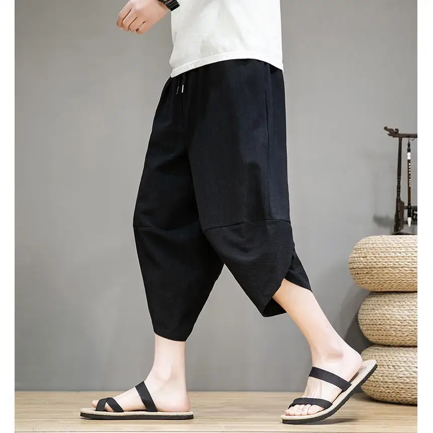 

Loose Men's Wide Leg Pants Casual plus Size Trendy Harlan orts Cotton Summer Comfortable mid Waist Seven-Foot Length