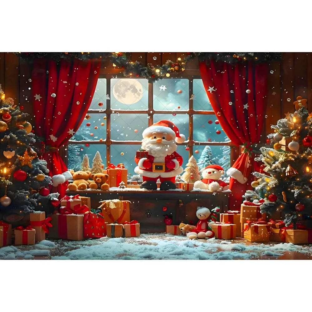 Merry Christmas Window Toy Bear Backdrop Photography Xmas Tree Background Party Decor Baby Portrait Photographic Photo Studio