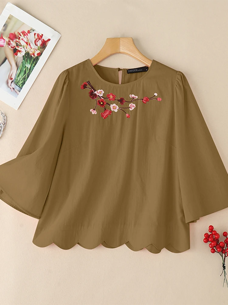 Women Embroidery Blouses ZANZEA Summer Office Shirts Casual O Neck 3/4 Sleeve Wave Cut Blusas Female Work OL Tops Oversize 2025