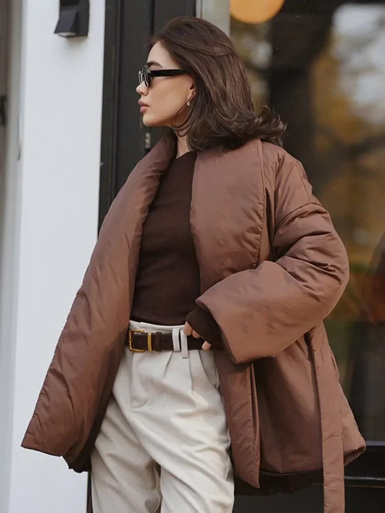 Winter Vintage Brown Belt Lace Up Down Jacket Elegant Lapel Long Sleeves Women Cotton Coats 2024 New Lady Warm Commuting Outwear