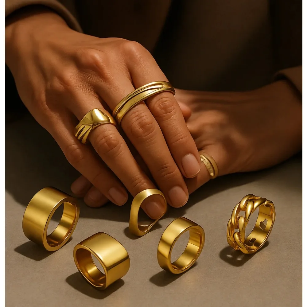 

Набор из 5 мужских колец: 14-каратное золото, нержавеющая сталь, квадратные, массивные, в стиле кубинского плетения, размеры 7-15