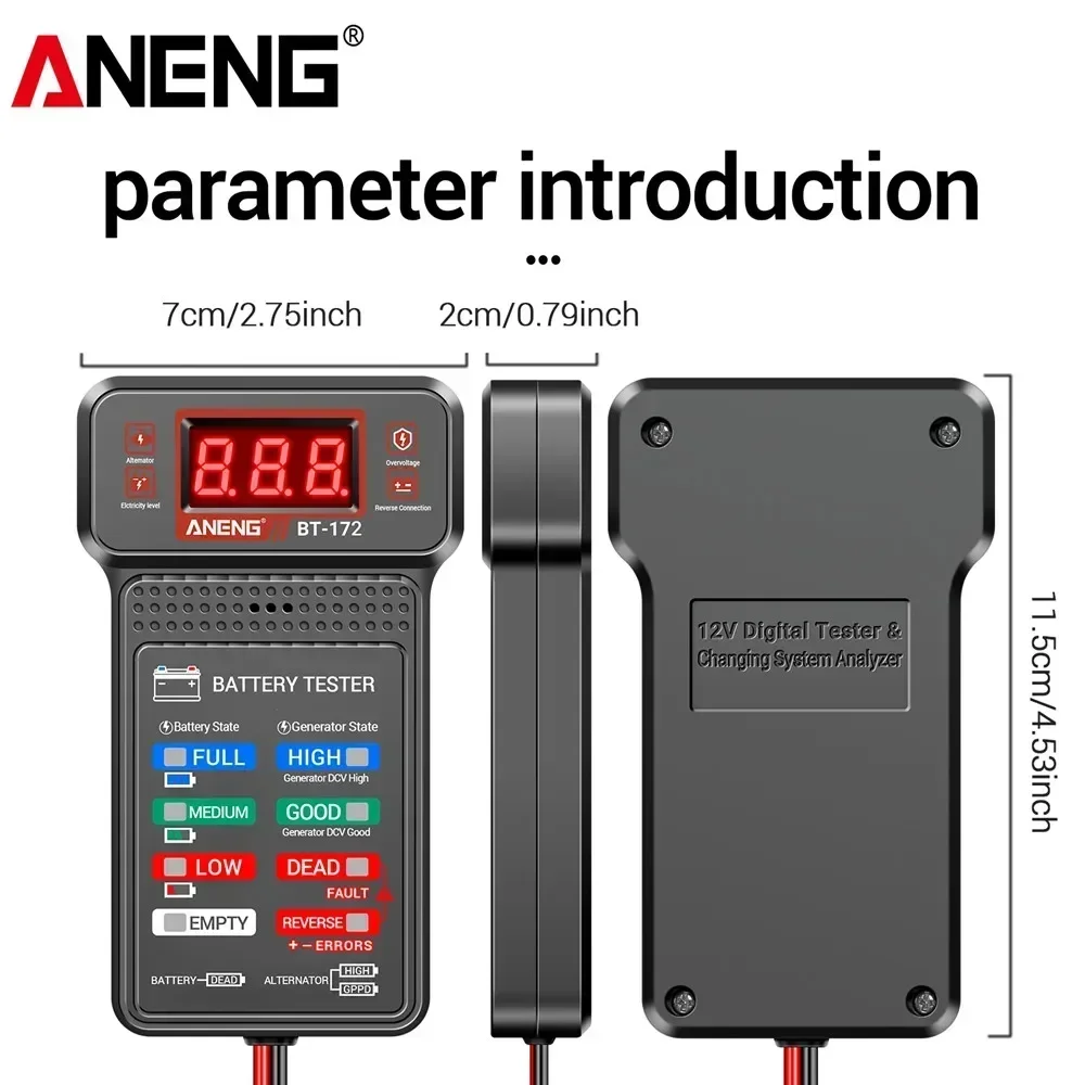 ANENG BT-172 Multifunktionaler 12-V-Autobatterietester, LED-Rückwärtsbildschirm, Auto-Reparatur-Diagnosetool mit Clips