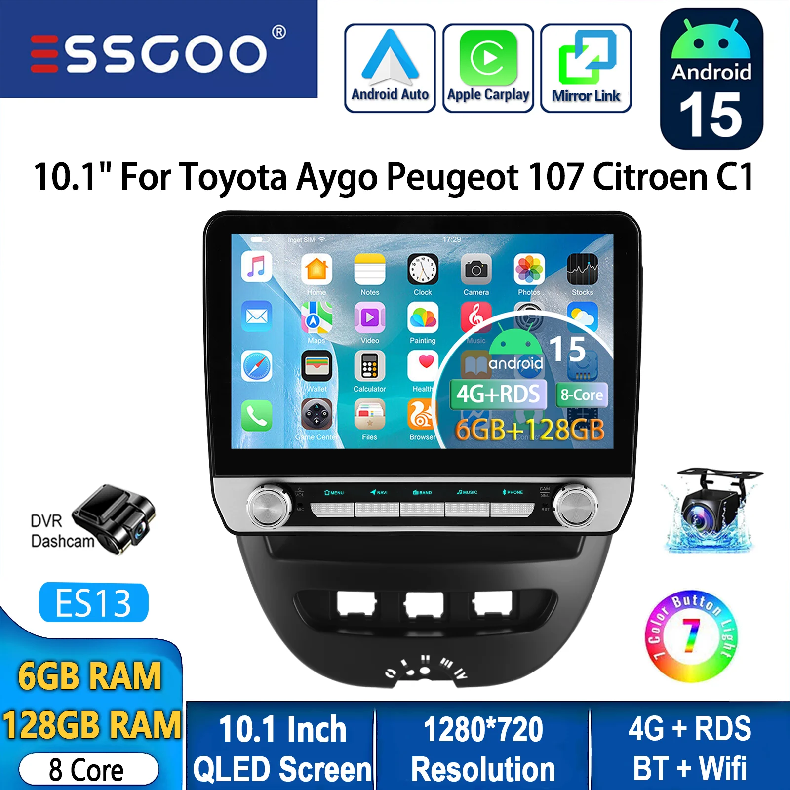 Autoradio ESSGOO Android 15 10.1 Inch 6+128 GB voor Toyota Aygo Peugeot 107 Citroën C1 Draadloze CarPlay Android Auto GPS Navigatie 4G FM AM BT RDS Stuurwielbediening Mirror Link QLED Touchscreen