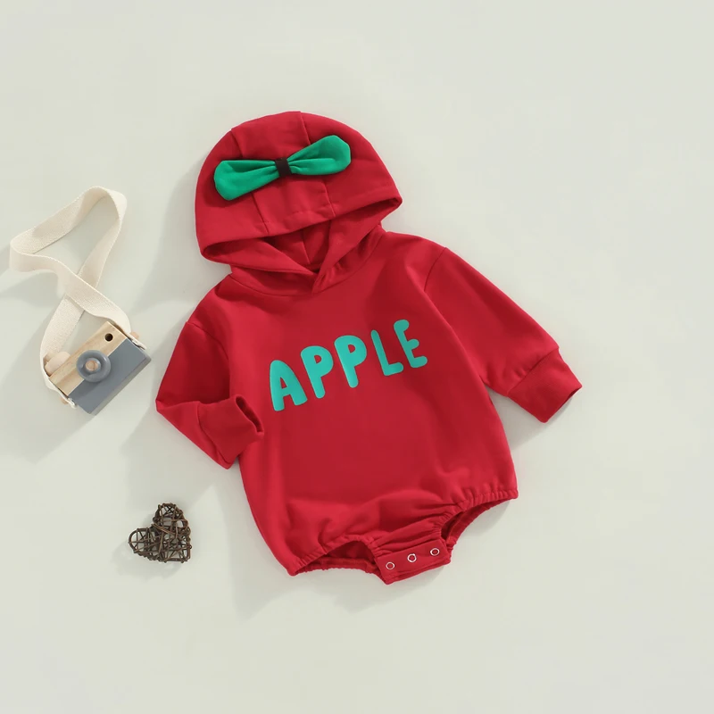 Baby Boys Girls Apple Costume Apple Letters Print Hooded Long-Sleeves Short Jumpsuit Rompers Fall Clothes