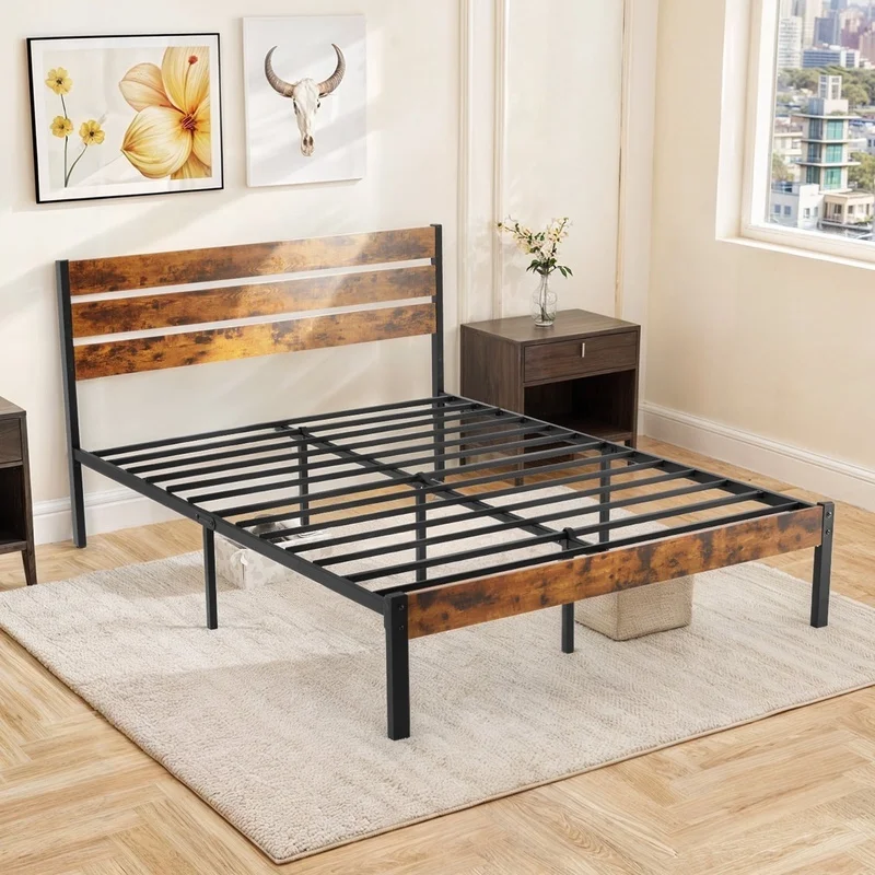 

Queen Size Metal Bed Frame Platform with Headboard Footboard Easy Assembly Heavy Duty No Box Spring Needed Adjustable Storage