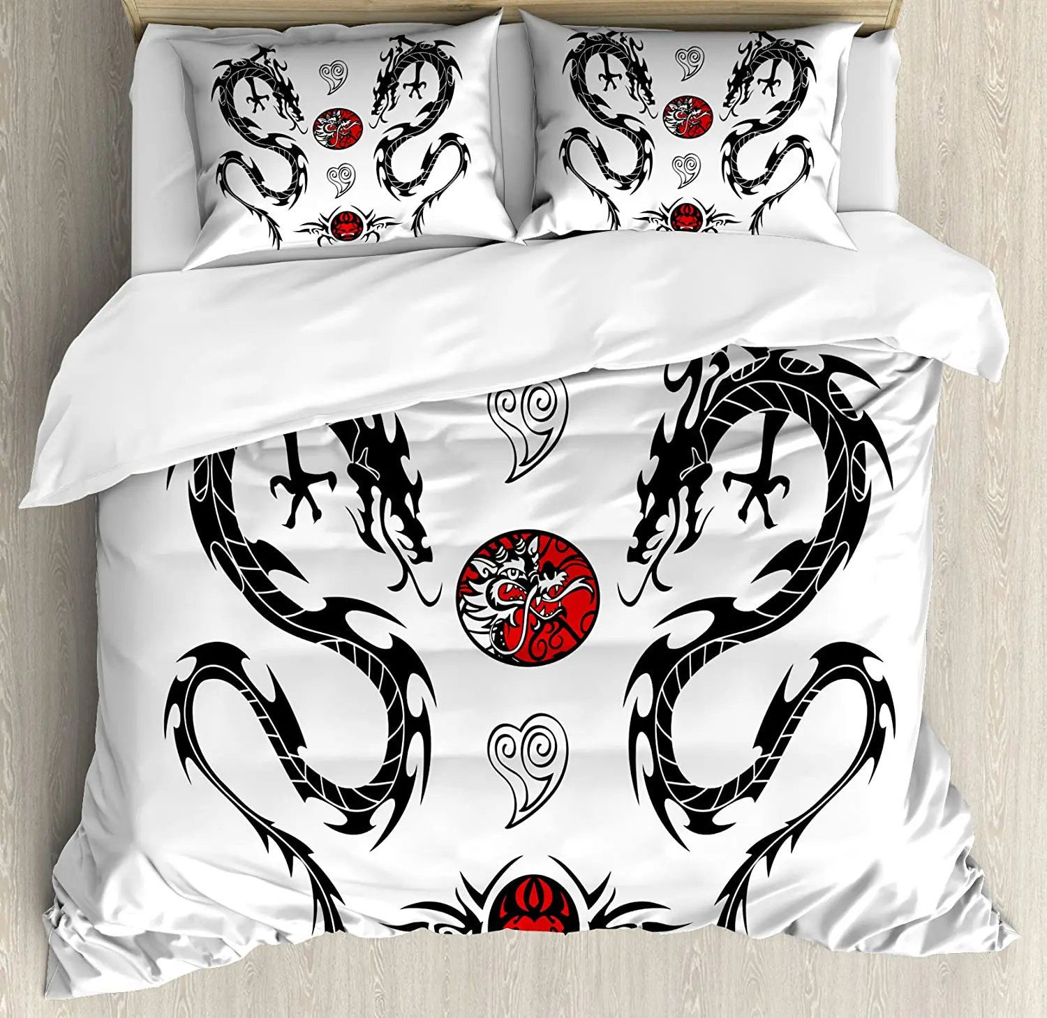 Japanese Dragon Bedding Set For Bedroom Bed Home Tribal Tattoo Style Asian Indigenous Cre Duvet Cover Quilt Cover And Pillowcase