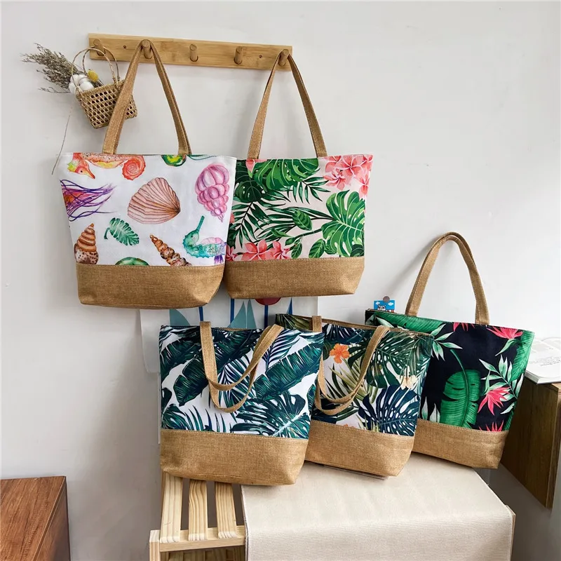 Women's Messenger Bag Leaves Printed Canvas Handbags Large Capacity Totes 2022 Fashion Ladies Portable Zipper Beach Shoulder Bag