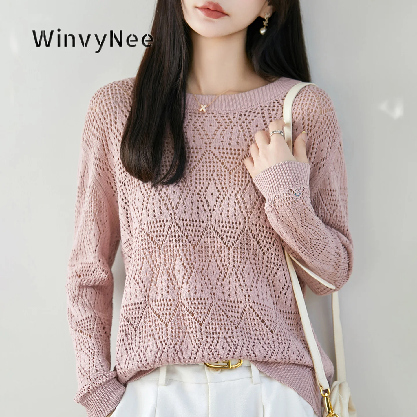 WinvyNee Women Jumper 100% Cotton Round Neck Crochet Knit Top Oversized Silhouette Vacation Breathable Casual Apparel  ZA1092033
