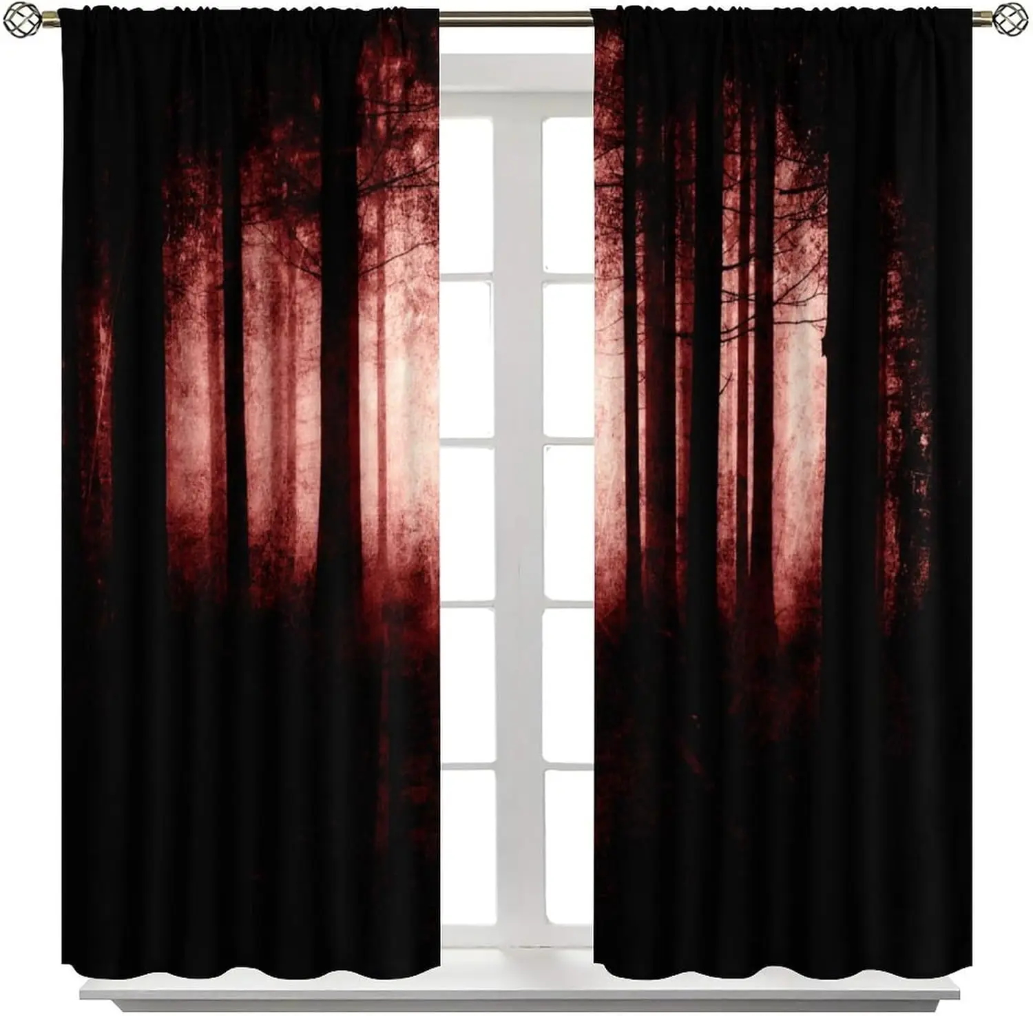 Gothic Dark Red Forest Curtains, Haunted Creepy Landscape Misty Forest Window Treatments Spooky Horror Halloween Forest Window D
