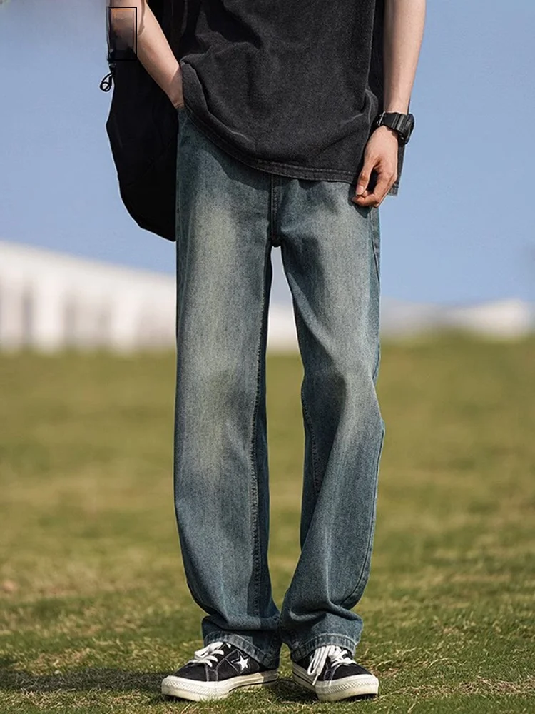 

Мужские джинсы из ледяного шелка и хлопка, зауженные, прямые, летние, модные, в американском ретро-стиле, свободные брюки, из чистого хлопка, повседневные, длинные