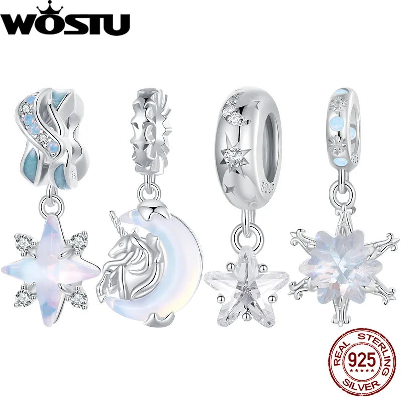 WOSTU 925 Sterling Silver Transparent Star Beads with Silicone Stopper Moon Pendant Fit Original Bracelet Fantasy Jewelry Gift