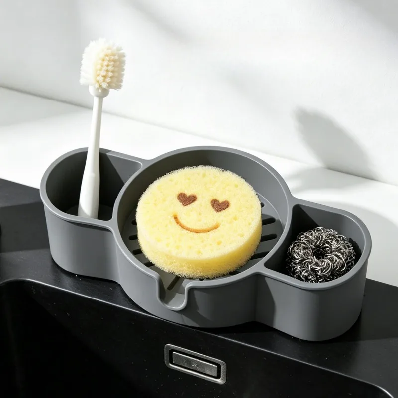 Self‑Draining Silicone Sink Sponge Holder, Kitchen Sink Organizer Tray for Dish Sponge, Scrub Brush, Cleaning Gadgets Storage