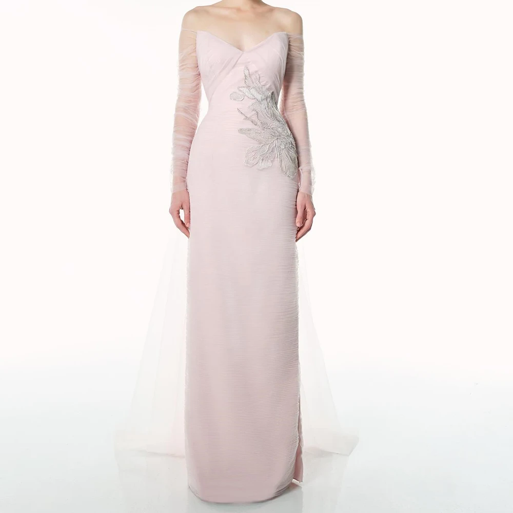 

Customized Straight Evening Dresses Floor-length Off The Shoulder Full Sleeve Prom Gown Fashion Flowers Simple Draped Party Gown