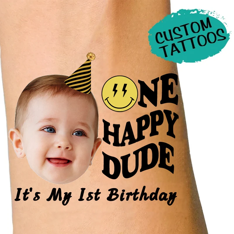15 pièces tatouages temporaires personnalisés pour fête de premier anniversaire pour enfants tatouages personnalisés pour photo de visage et âge pour décor de fête d'anniversaire pour enfants