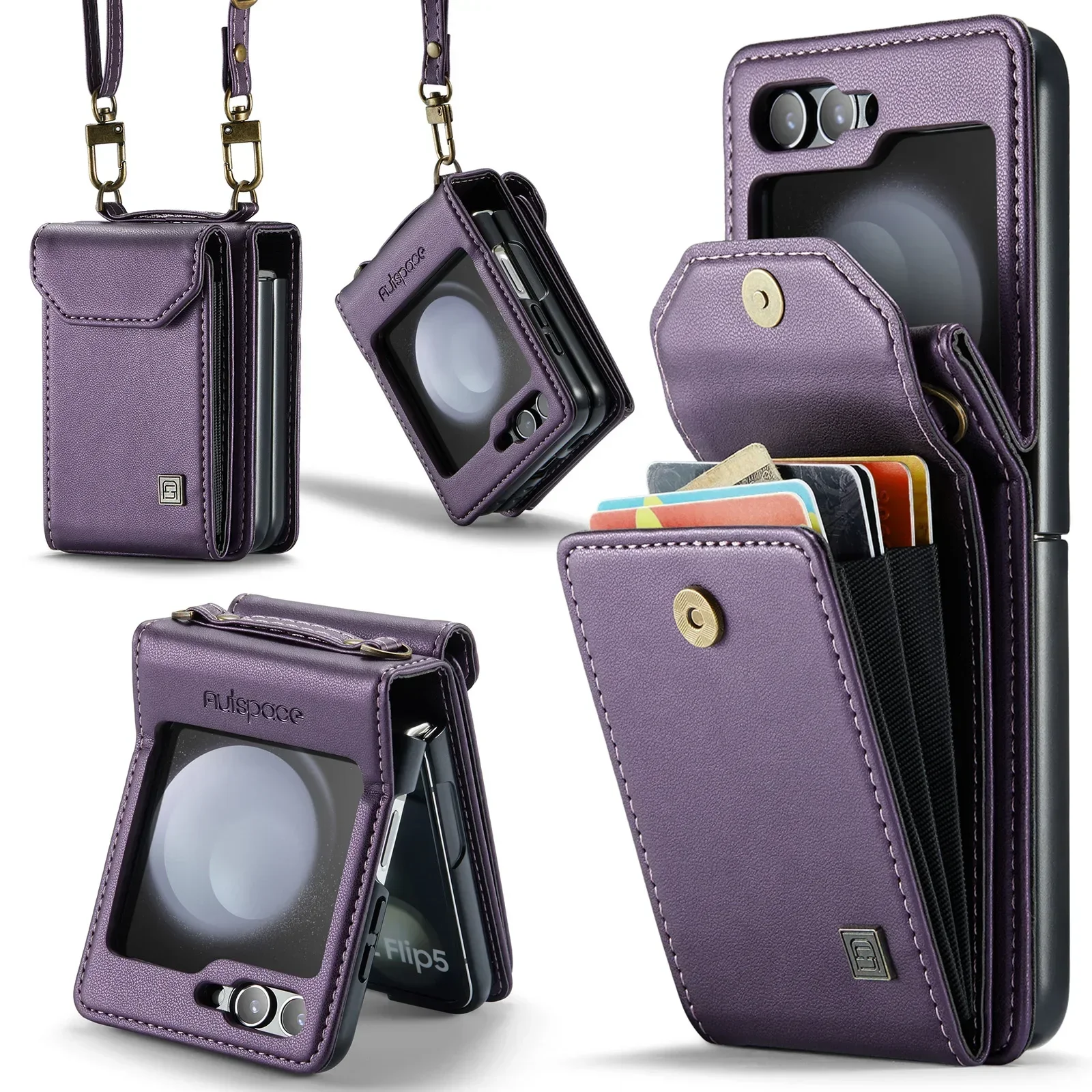 Cards  Wallet Crossbody Lanyard Leather Cover For Samsung Galaxy Z Flip 6 5 Flip5 Flip6  Purse Pocket Shoulder Strap Phone Case