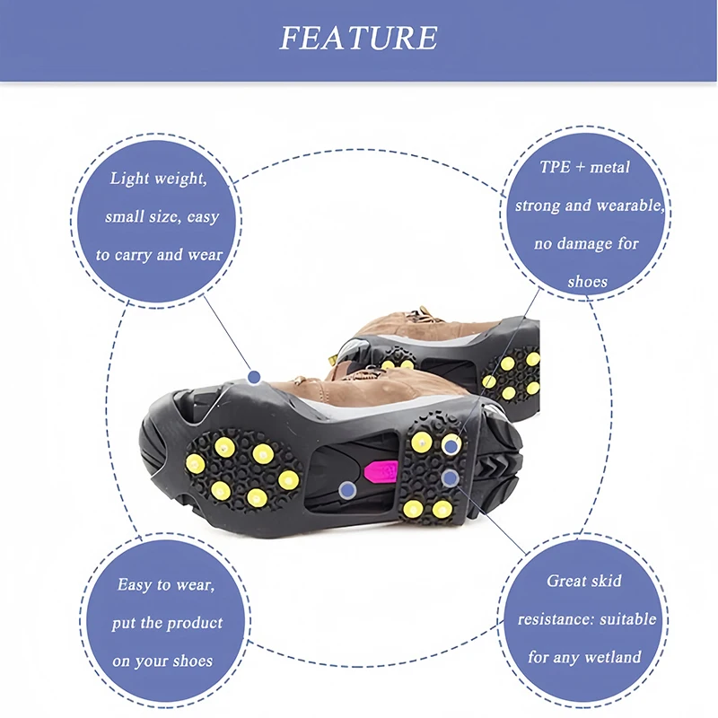 Ice Cleats for Shoes Boots 10 Studs Ice Gripper Spike Anti Slip Rubber Traction Cleats Winter Outdoor Climbing Crampons