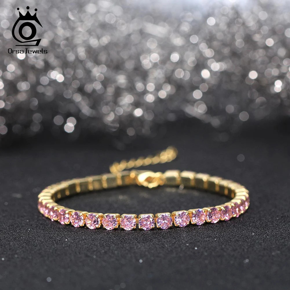 Imagem -05 - Orsa Jóias-pulseira de Tênis Ajustável para Mulheres Zircão Rosa Brilhante 925 Prata Esterlina mm Aaaa cz Jóias de Festa Sb193