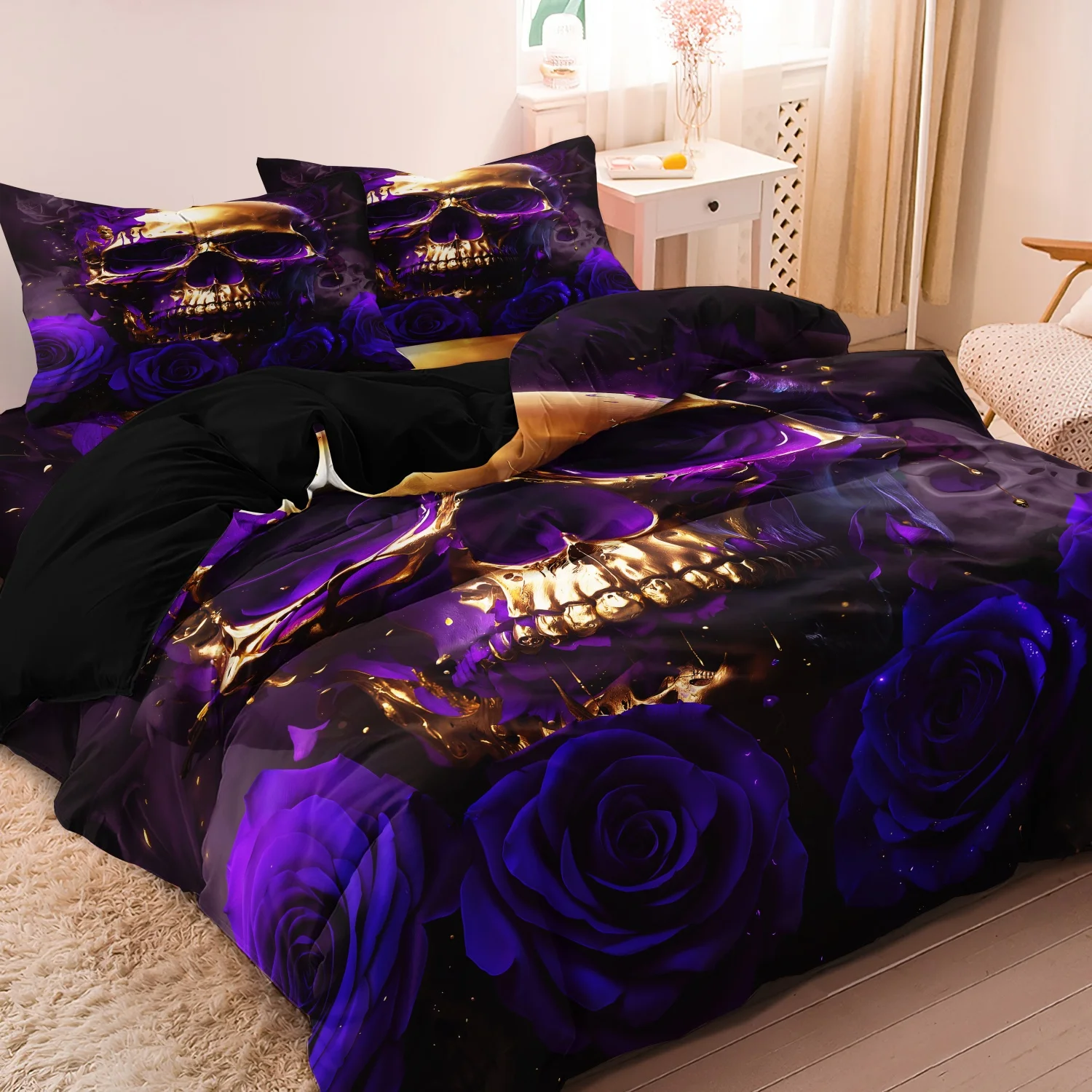 3pcs Purple Rose Skull Pattern Duvet Cover Set for Bedroom Guest Room and Dorm Decor (Includes 1 Duvet Cover and 2 Pillowcases)