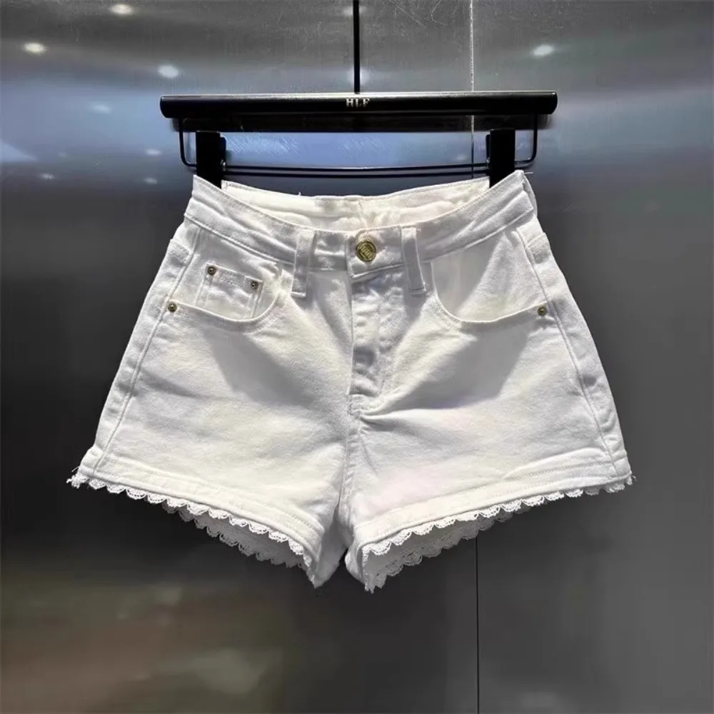 

Джинсовые шорты Spicy Girl с высокой талией, белые, с кружевом, в уличном стиле, облегающие, женские, модные
