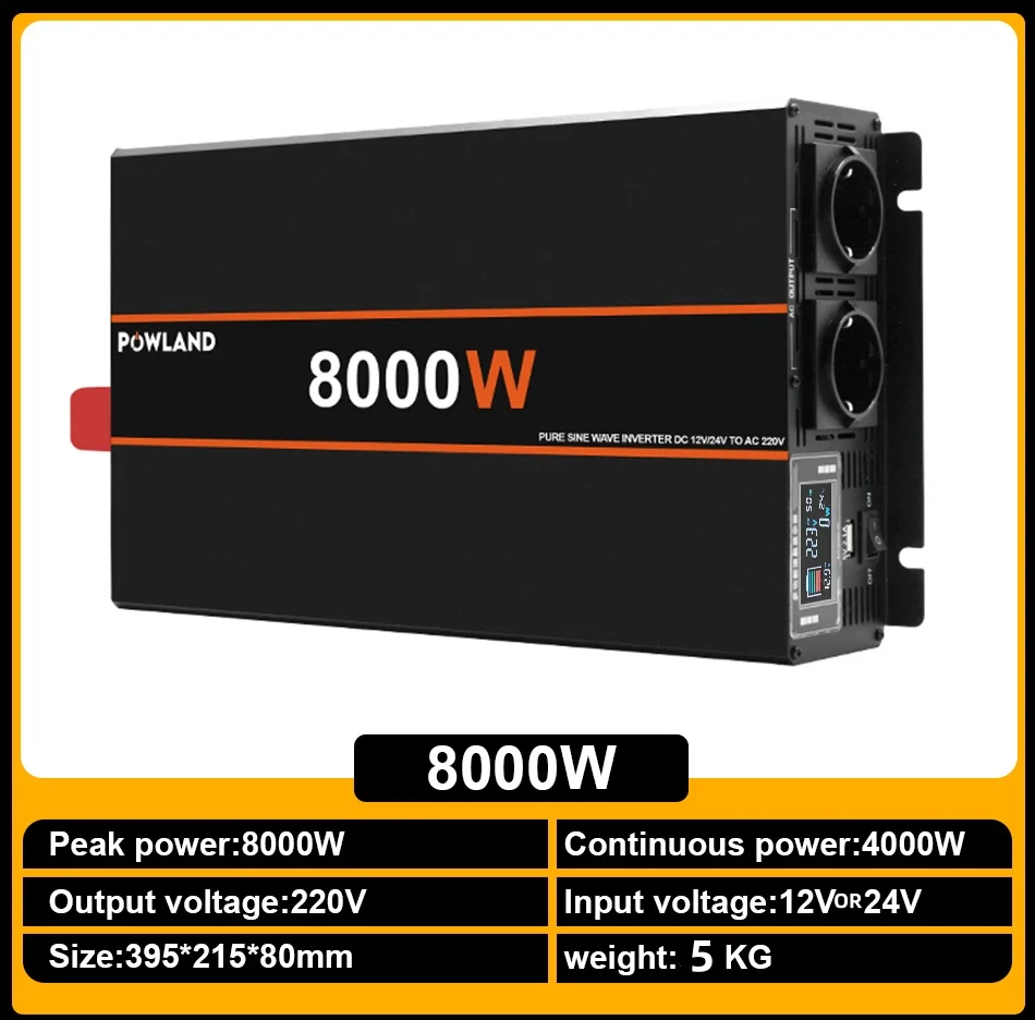 Powland 8000W 6000W Zuivere Sinus Omvormer 12V 24V Naar 220V 230V 50HZ Power Converter met Afstandsbediening Auto Omvormer Voor Thuis