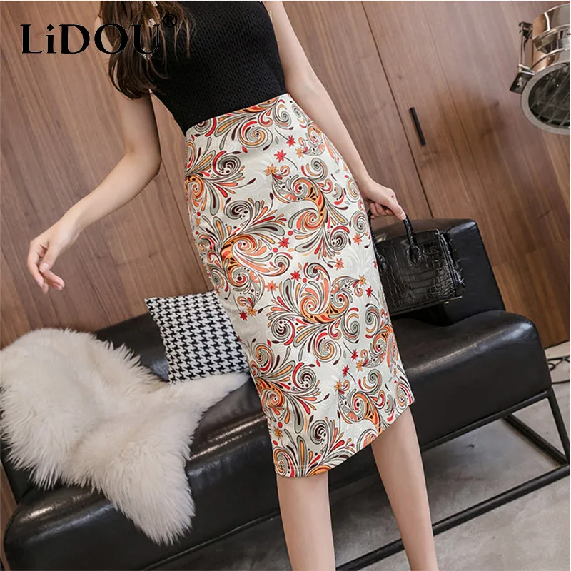 

Summer New Fashion Sexy Pencil Hip Skirts Women Court Printed High Waist Knee Length Office Lady Elegant Slim Midi Bodycon Dress