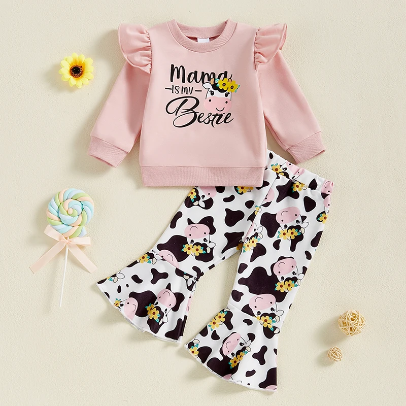 Autumn Baby Toddler Girl Clothes Cow Outfits Letter Print Ruffle Long Sleeve Sweatshirt Cow Print Flare Pants 2 Pcs Set