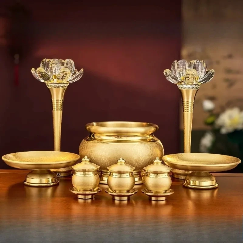 Copper Buddhist Worship Set Incense Burner Fruit Plate Water Cup Crystal Lotus Lamp Altar Supplies Home Buddha Hall Decor