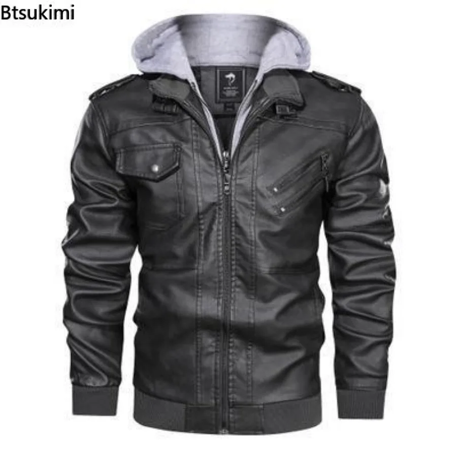 2025 Men's Autumn Winter Fashion Zippered Slim-fit PU Leather Multi-color Hooded Jacket Coat Business Office Jacket Men Clothing