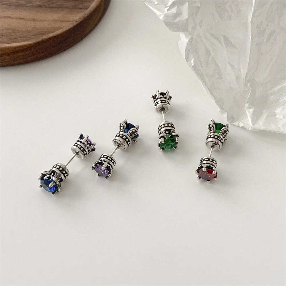 S925 sterling silver personalized retro scepter colorful zircon earrings for women niche design high-end fashion light luxury