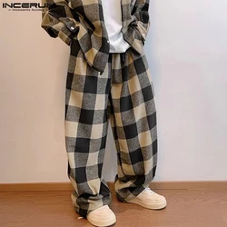 INCERUN Men Trousers Elastic Waist 2024 Casual Vintage Style Plaid Check Contrast Color Wide Leg Long Pants Streetwear Bottoms