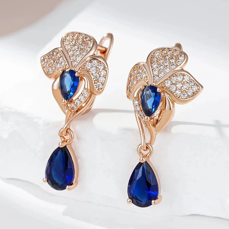 Wbmqda Luxury Retro Drop Shape Blue Natural Zircon Dangle Earrings For Women 585 Rose Gold Color Ethnic Bride Wedding Jewelry