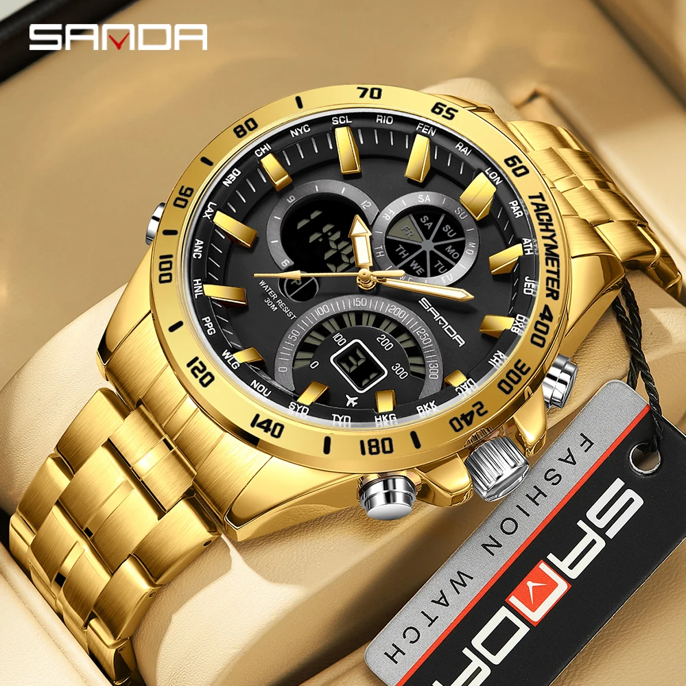 

2024 Sanda 3175 Hot Selling Men's Electronic Quartz Watch Full Steel & Silicon Core Black Technology Multi Functional Waterproof