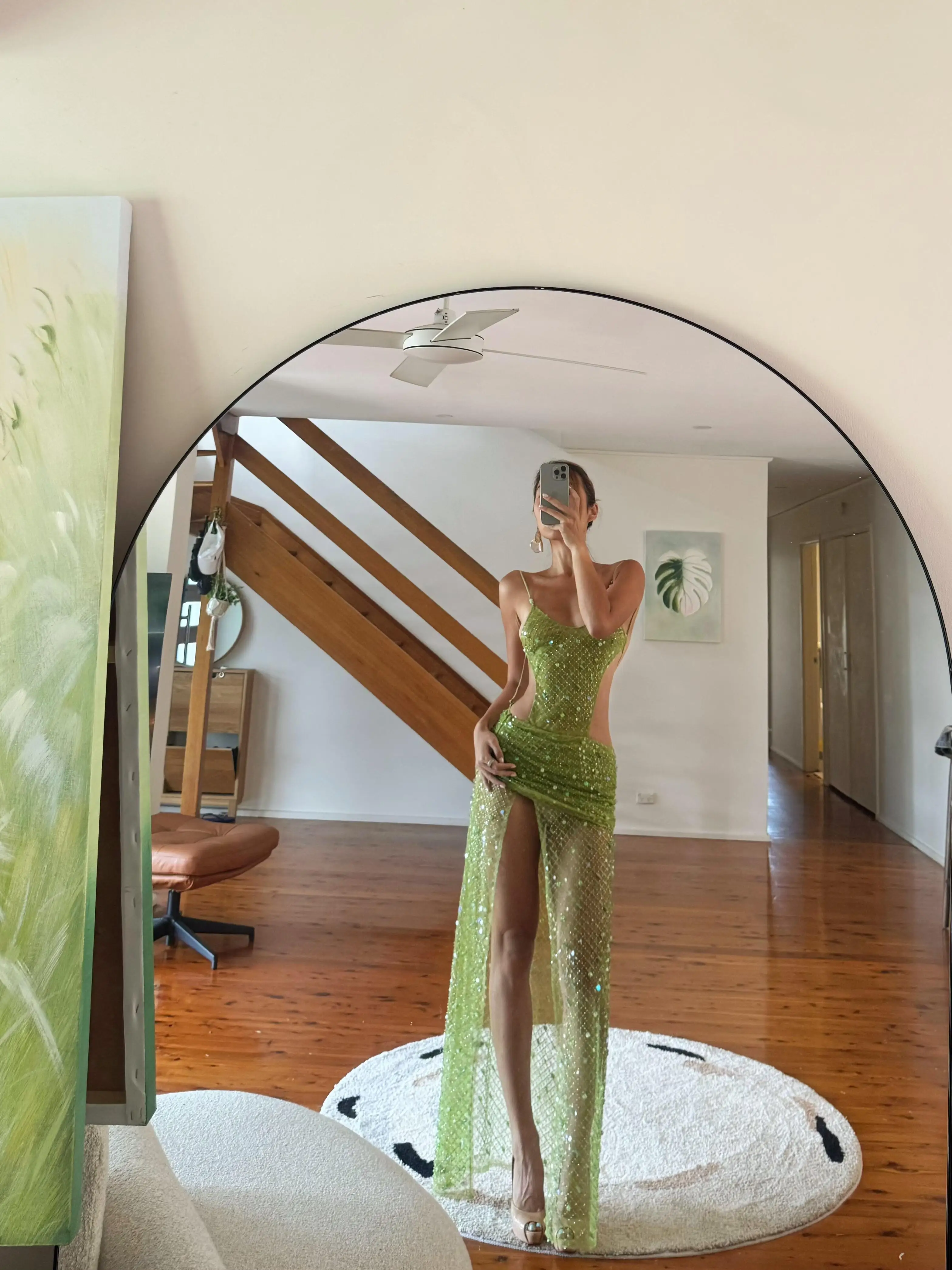 OUTFlT Sexy Green Sequin Strapless Long Dress Women's Fashion Split Backless Gown Holiday Vibes Polyester Material
