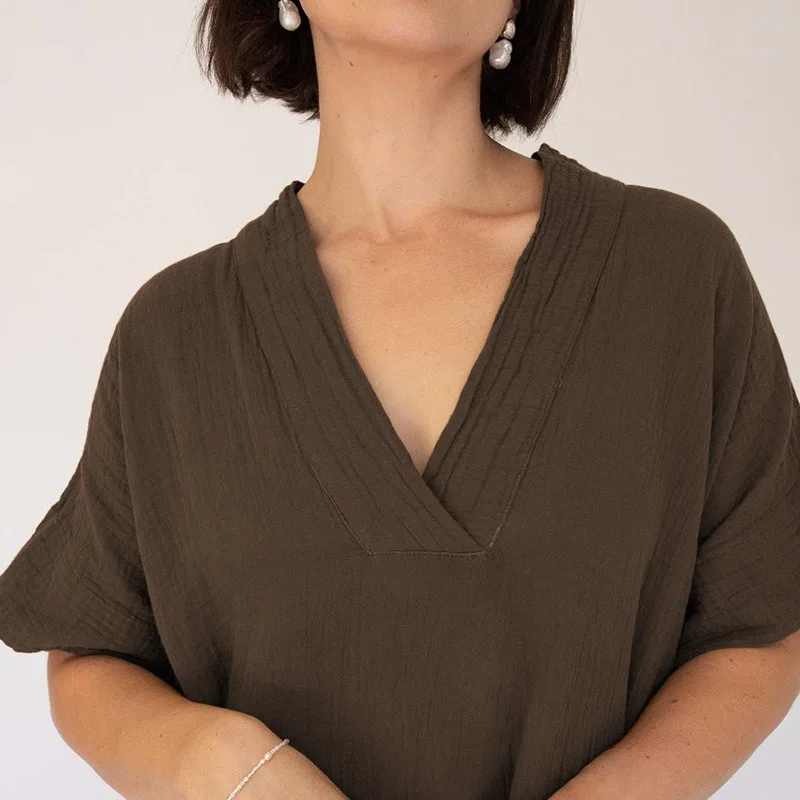 100% camada dupla crepe algodão solto conforto vestido feminino cor sólida verão manga curta com decote em v vestidos divididos de mujer