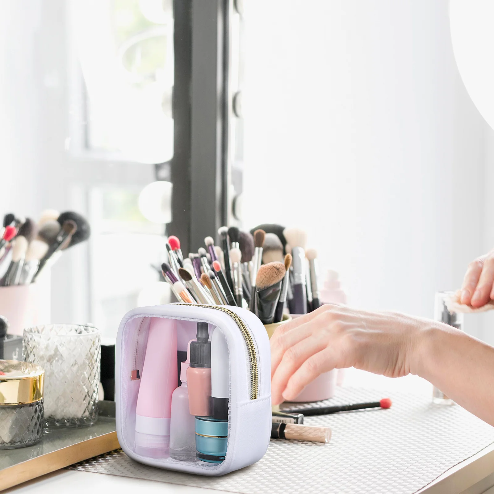 

Mini Travel Makeup Bag with Transparent Window Secure Zipper Closure for Toiletries Electronics Lightweight Organizer Pouch