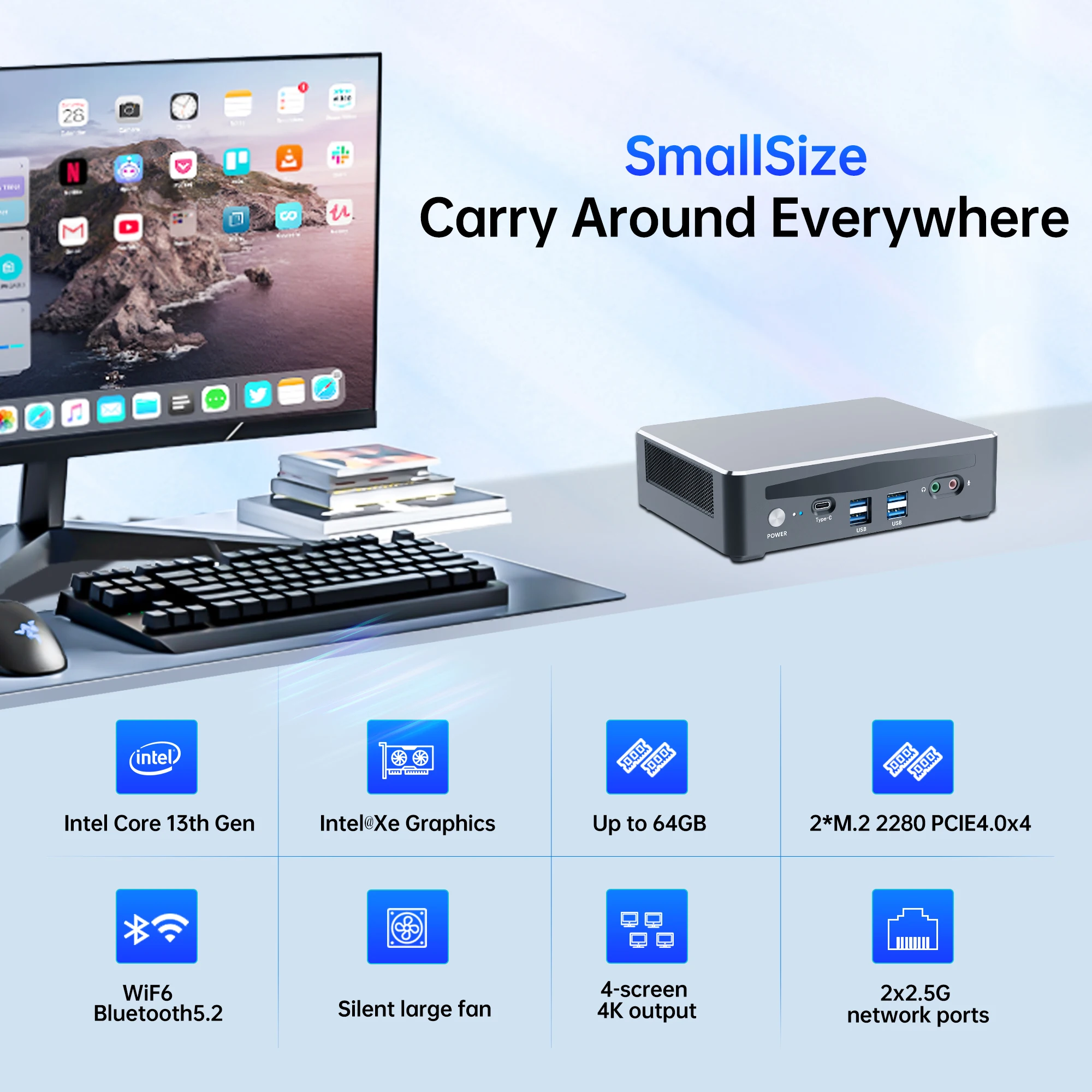 كمبيوتر صغير للألعاب الجيل الثالث عشر Intel i9 13900H i7 13700H 2 * DDR5 2 * PCIE4.0 Dual 2.5G LAN NUC كمبيوتر مكتبي مضيف HTPC 4x4K UHD WiFi6