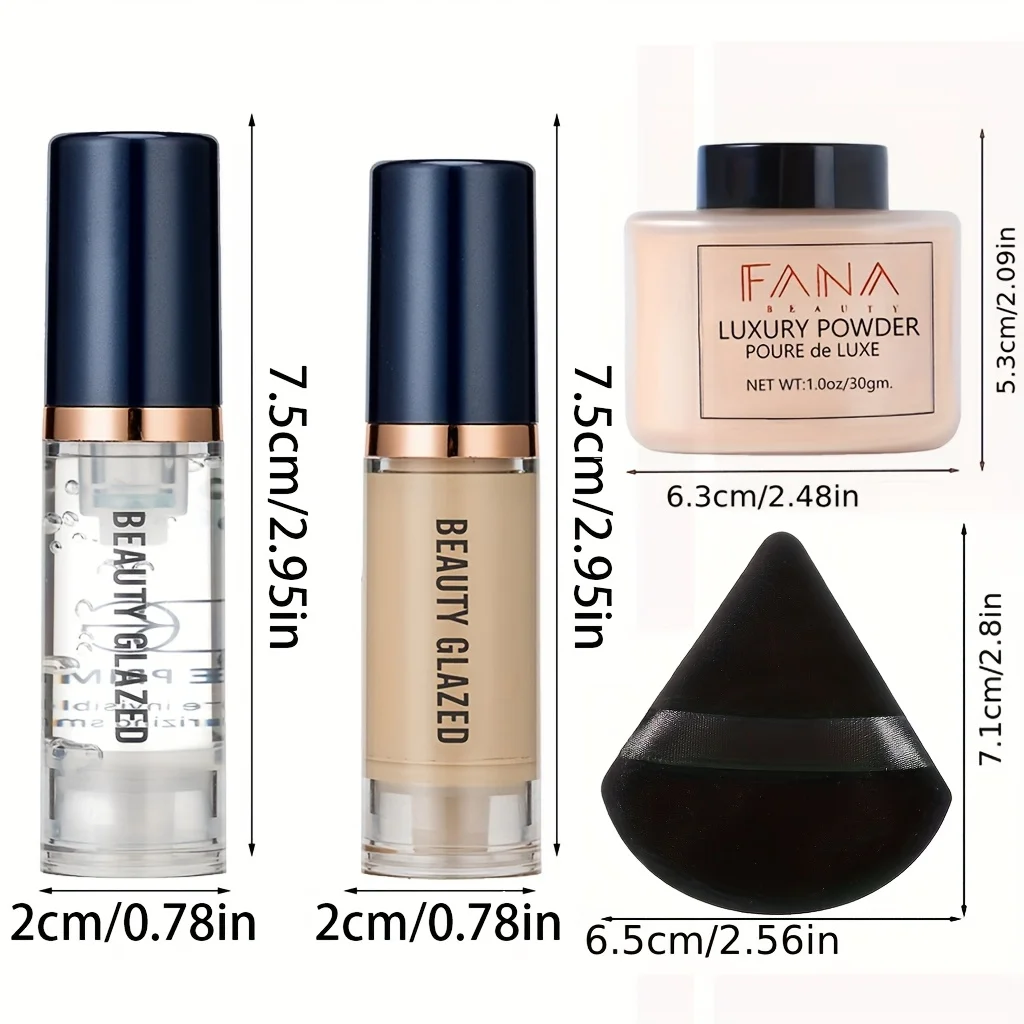 4 Set/pcs Travel Face Makeup,Foundation+Primer+Loose Powder+Beauty Sponge,Oil-control,Moisturizing,Long Lasting Waterproof