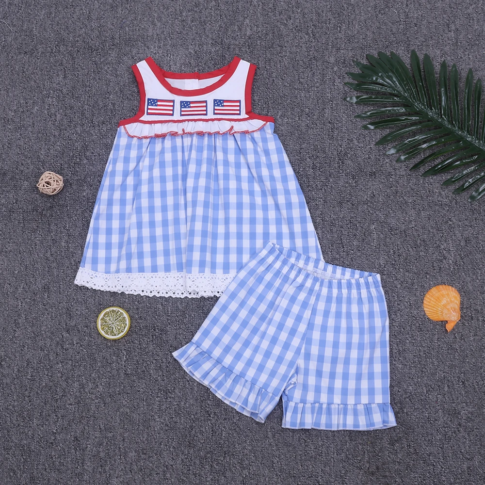 Baby Girls Clothes Cotton Kids Clothes Set For Summer New Style Pretty Flag Embroidery Blue Dress Blue Grid Sports Shorts Girls