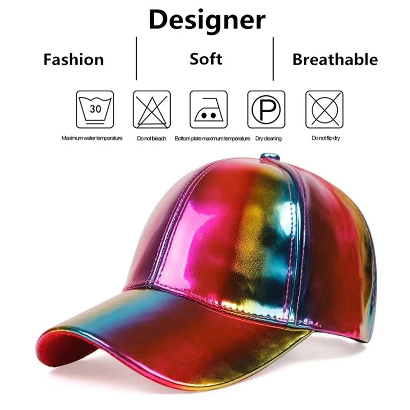 Women\'s Fashion Laser Baseball Cap PU Leather Unisex Hats Adjustable Gradient Cap Shiny Party Dressing Caps Hip Hop Cap