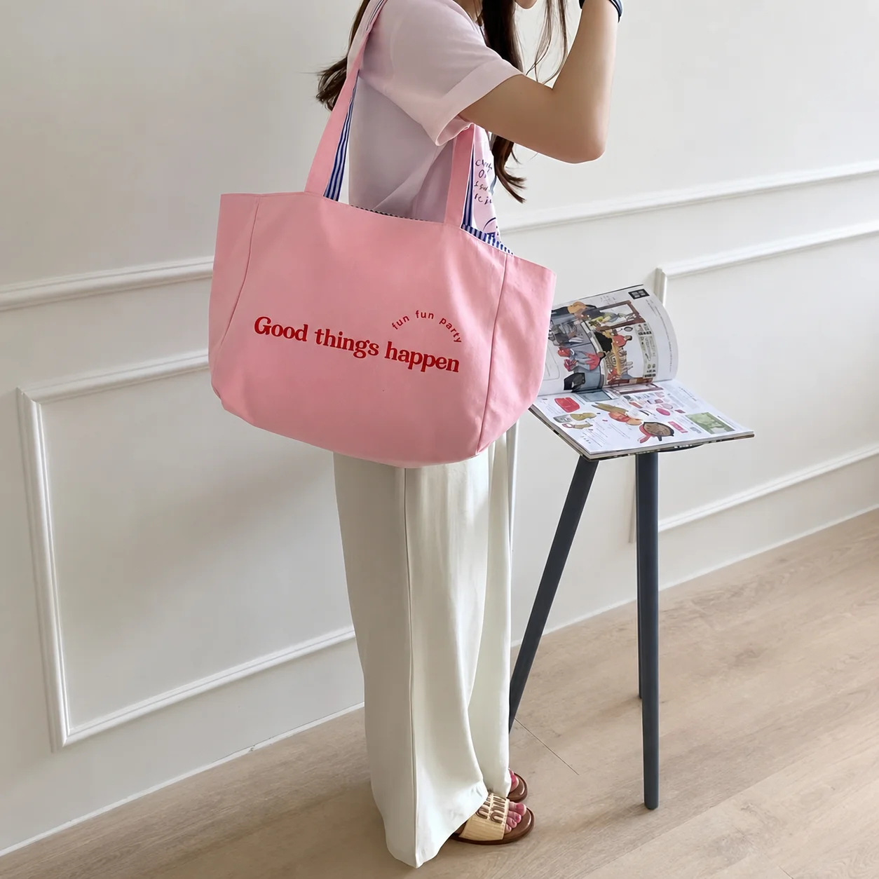 Casual Large Stripe Women's Shoulder Bag Reversible Canvas Tote Bag for Women Ladies Casual Handbags Female Daily Shopping Bags