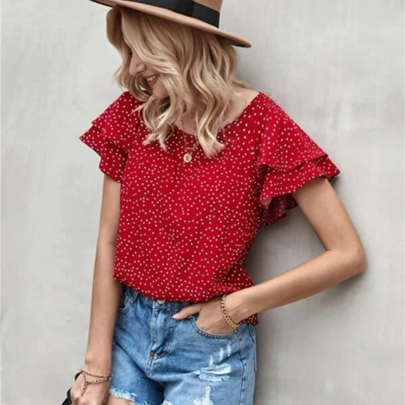 2025 sommer Neue Tunika Tops Für Frauen Kurzarm Polka Dots Bluse Arbeit Urlaub Hemd Casual O Neck Blusas Weibliche Chemise Mujer