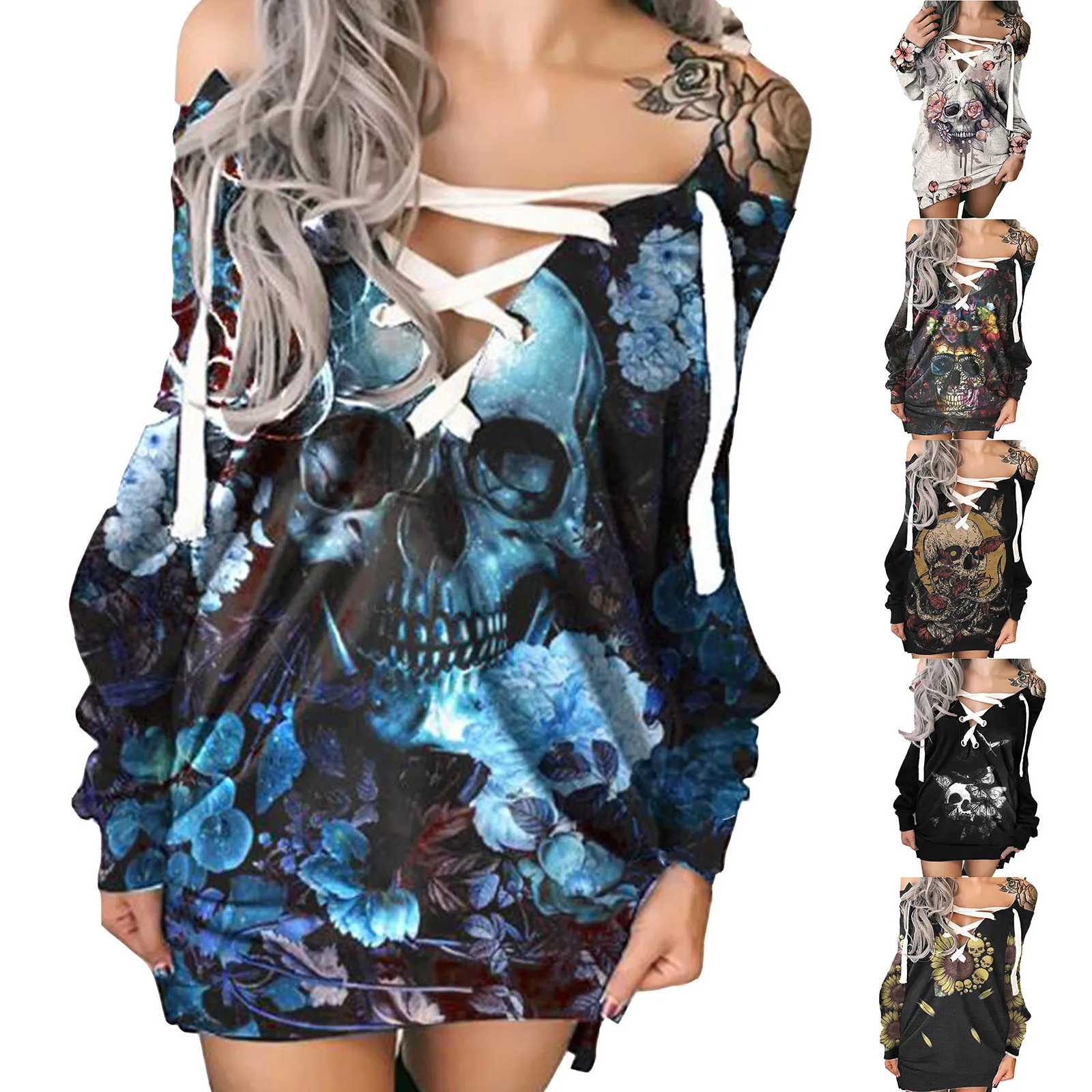 Vintage Skull Rose Print Dress Vestidos Autumn Winter Long Sleeve Lace Up Gothic Dress Robes Femme Grunge Sweatshirt Dresses