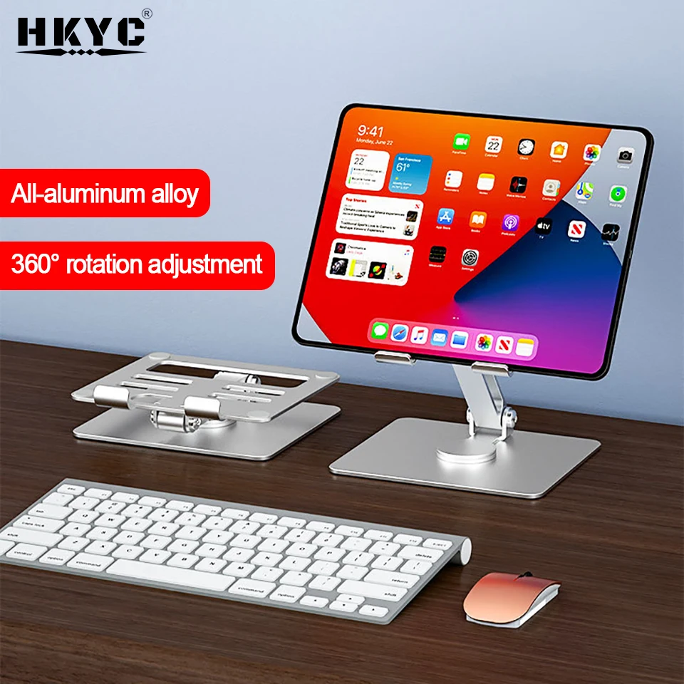 HKYC Aluminum Phone Tablet Stand Desktop Mount 360° Rotation Height Adjustable Foldable Holder Support for iPhones iPad 12.9